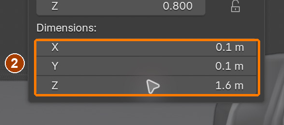 Post location and Dimensions 0.1 × 0.1 × 1.6 m; next apply scale. · Dimensions.