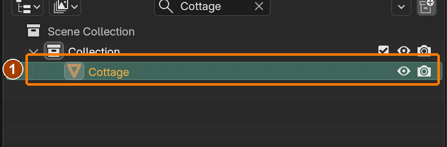 The Outliner identifies the selected Cottage. This is the later example scene; select an object here before editing its settings.
