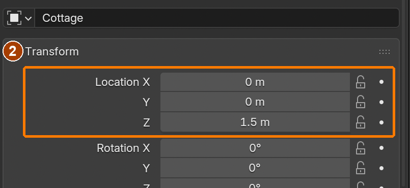 Properties holds settings for the selected object. In this later example, the Cottage transform is displayed.