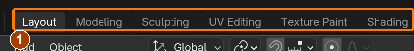 The workspace tabs arrange editors for a job. Layout is selected; later work uses UV Editing, Texture Paint and Shading.