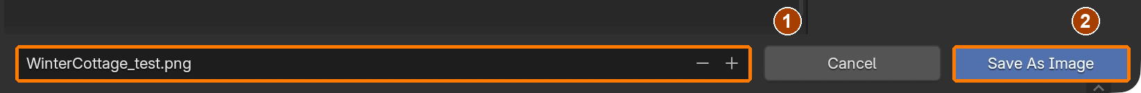Save the first milestone still as WinterCottage_test.png using Save As Image. Keep the project folder selected.