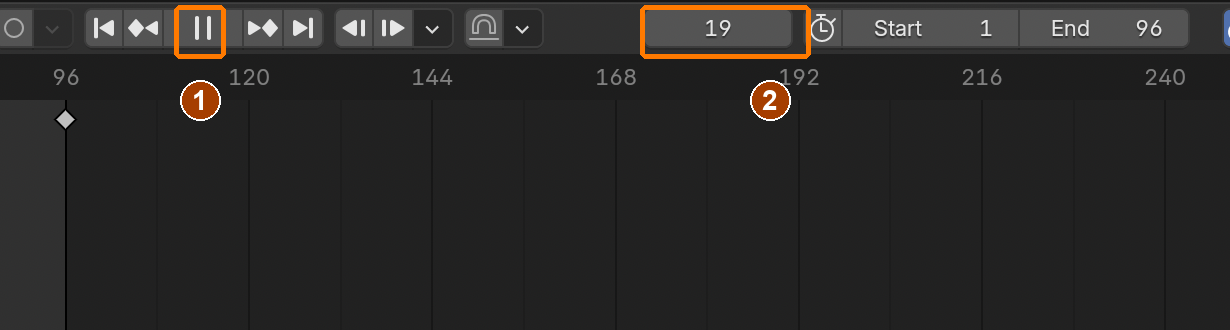 Playback running after reopen: Pause shows playback is active, and the current-frame value advances. Stop with Space before entering a frame.