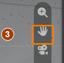 1: drag the axes to orbit. 2: drag the magnifier to zoom. 3: drag the hand to pan. This capture uses the later cottage scene to show the same controls. · Pan hand.