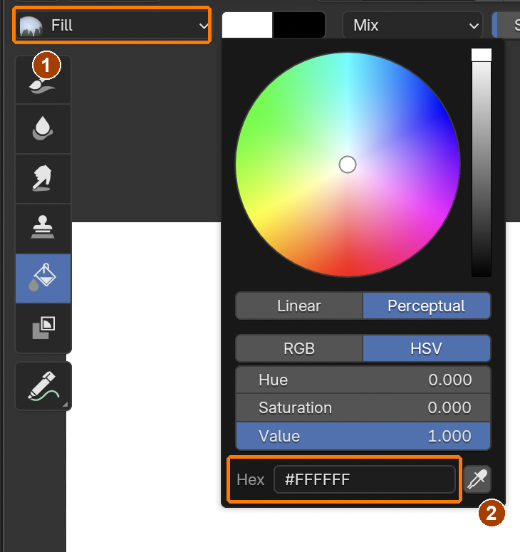 Fill tool and foreground Hex #FFFFFF; click outside the picker to commit.