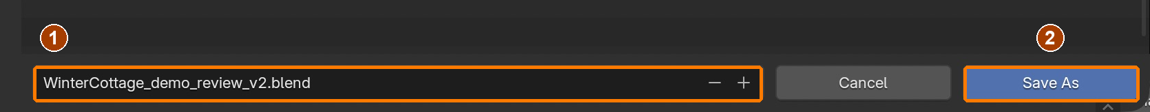 Give the copy a new _v2.blend filename; commit the name and click the blue Save As button. The author used demo_review_v2; students use their own name.