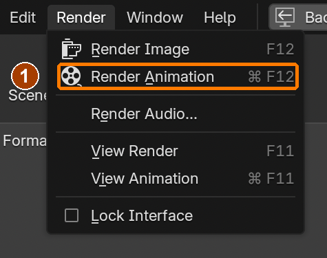 Render > Render Animation starts numbered PNG rendering. The complete author sequence used the disclosed Blender command-line render shortcut.