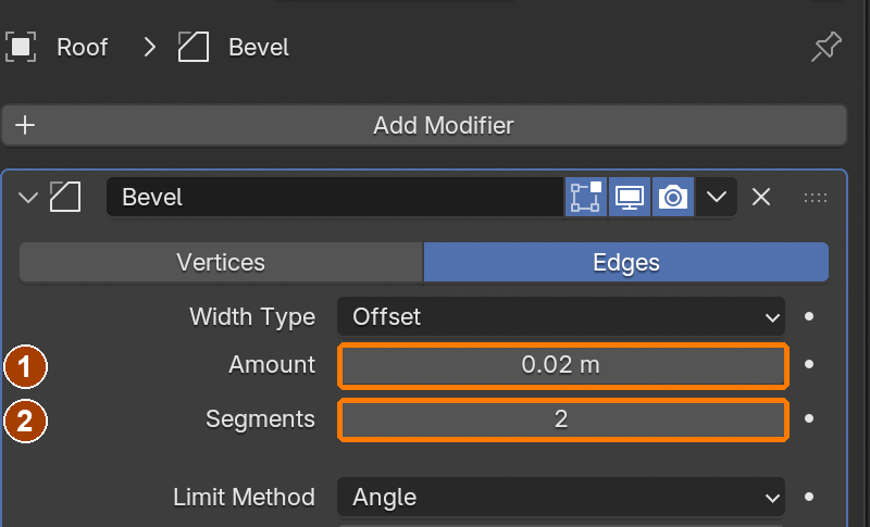 Roof selected: Bevel Amount 0.02 m and Segments 2.