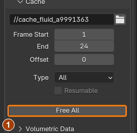 Separate cache practice: Free All clears the previous bake before a simulation change.