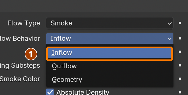 Verify Flow Behavior Inflow. Choosing Inflow keeps smoke entering for the shot; Quick Smoke already supplies this default.