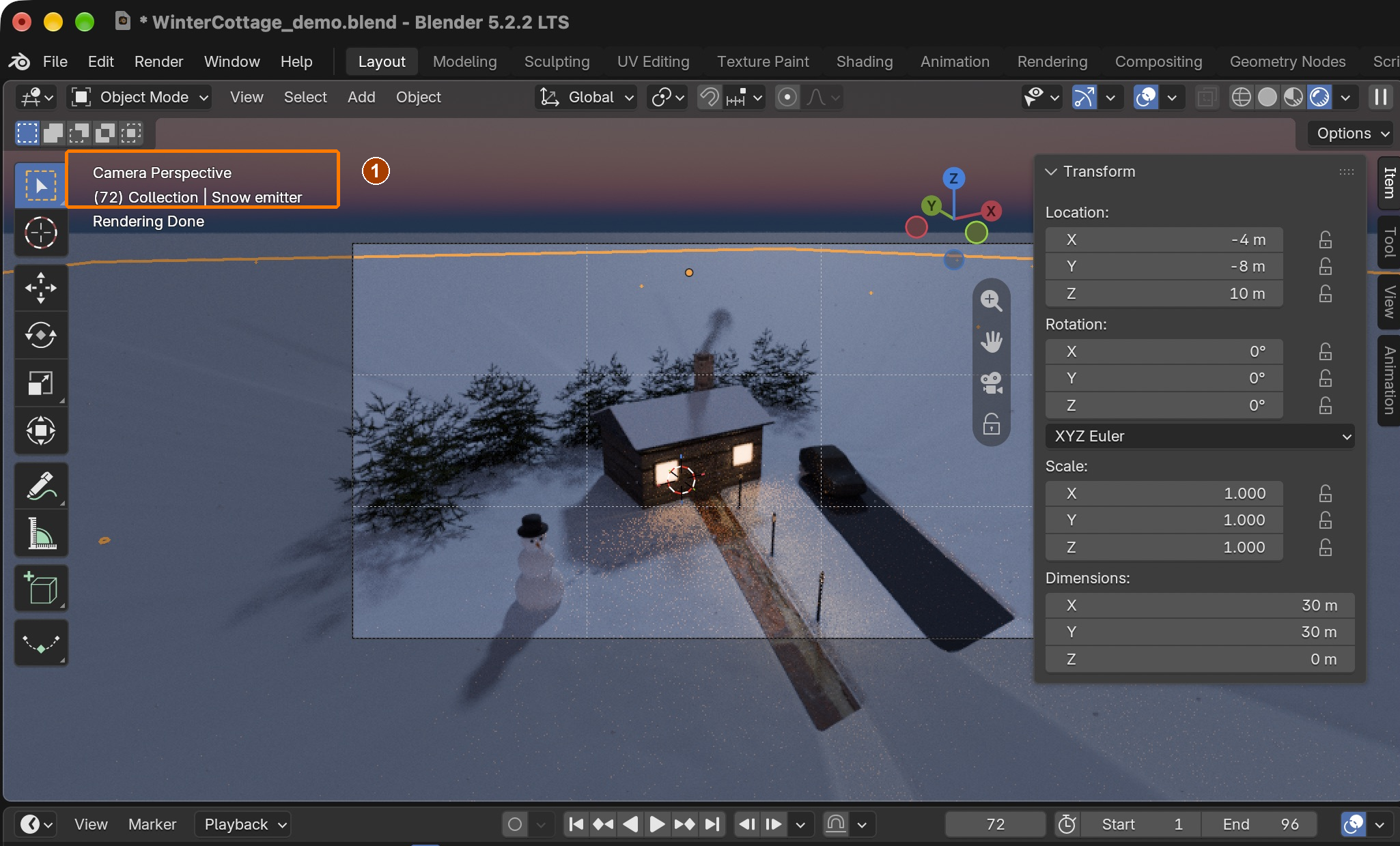 Saved scene reopened at a later frame: inspect the chimney plume and falling snow in the camera view.