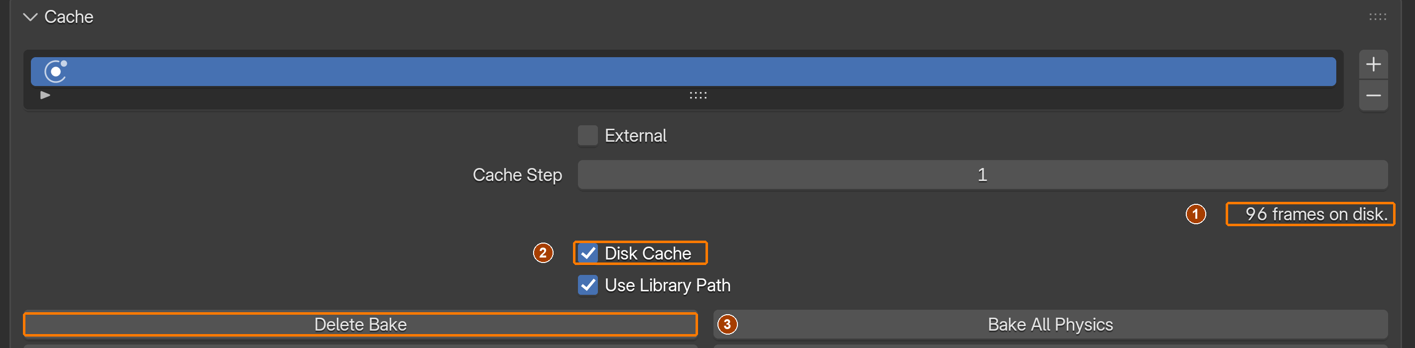 Completed particle cache: 96 frames on disk, Disk Cache enabled, Delete Bake visible. Do not delete a completed cache.
