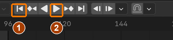 Timeline: Jump to First Frame, then Play. Play becomes Pause while playback runs. Keyboard alternatives: Shift+Left, then Space.