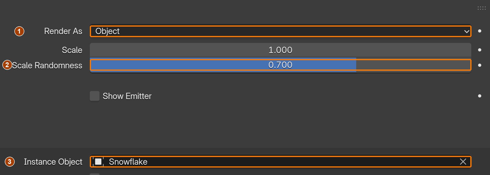 Render: Render As Object; Scale Randomness 0.700; Instance Object Snowflake.