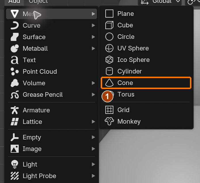 Add > Mesh > Cone