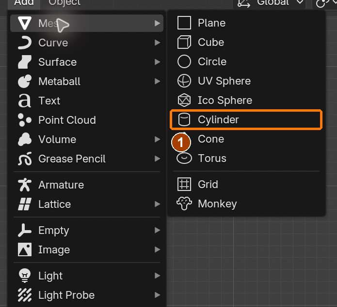 Add > Mesh > Cylinder