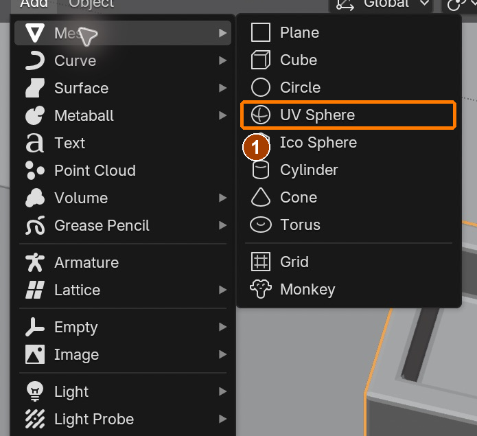 Add > Mesh > Sphere