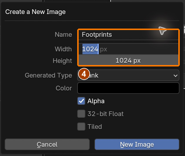 New Image > Name Footprints, Width 1024, Height 1024; black default, fill white in the next action