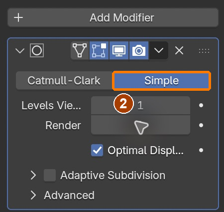 Subdivision Surface > Simple; viewport/render levels 1 visible