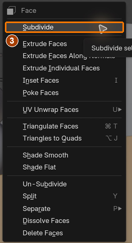 Edit Mode face context menu > Subdivide