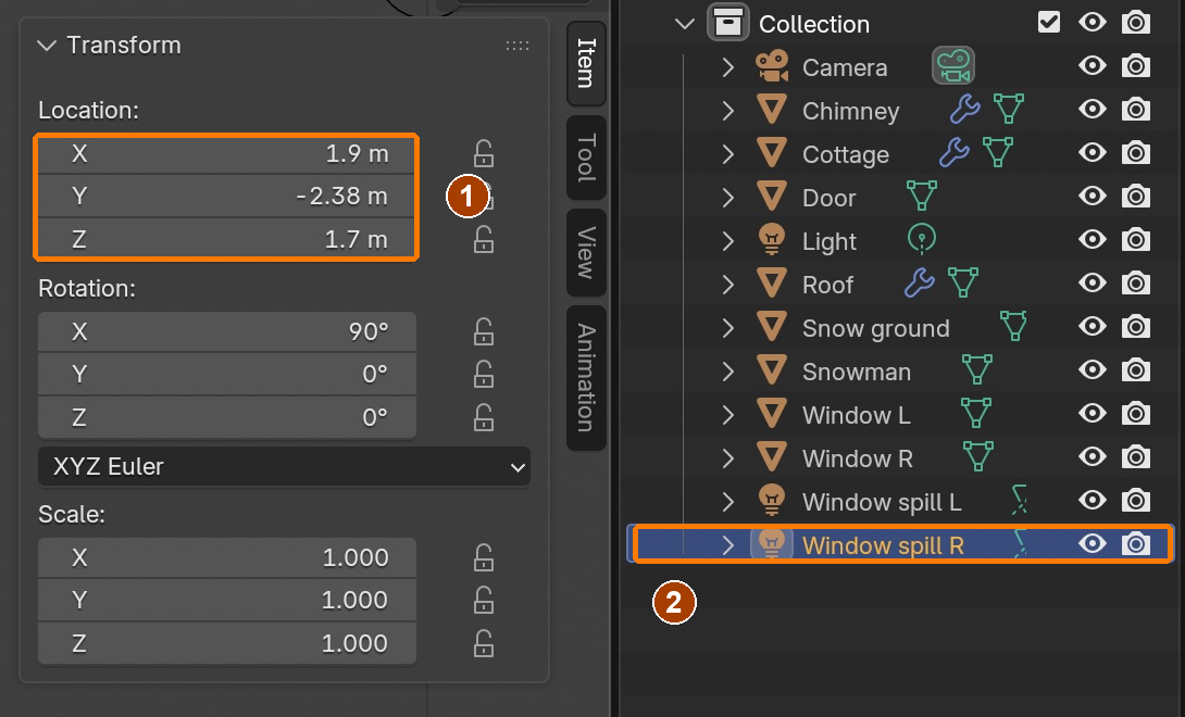 After Shift+D, X,3.8,Enter, Window spill R has Location (1.9,-2.38,1.7). This capture shows the applied duplicate and selected object.