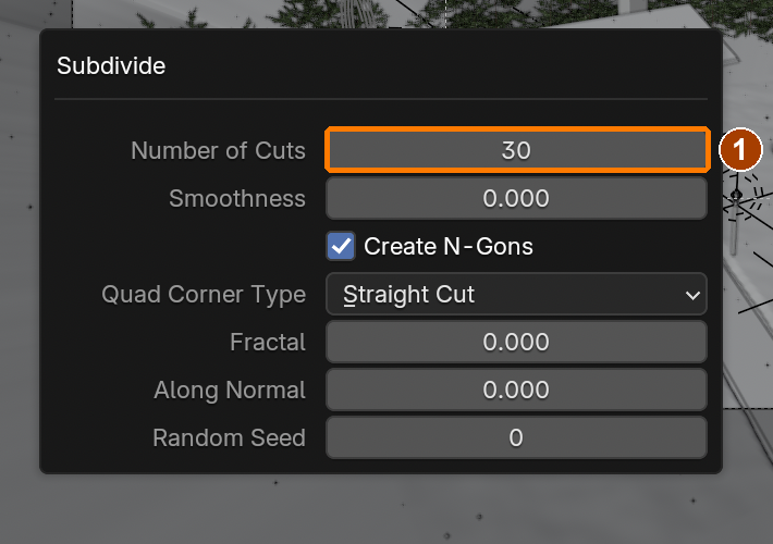 Set Number of Cuts 30 in Adjust Last Operation. This fresh-plane proof uses the same Subdivide control without subdividing the finished ground again.