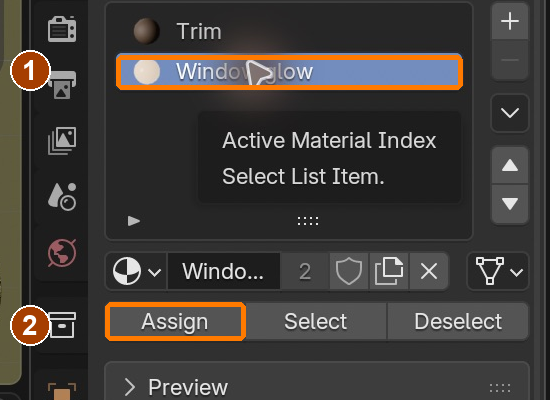 Select Window glow, then Assign to the selected inset face.