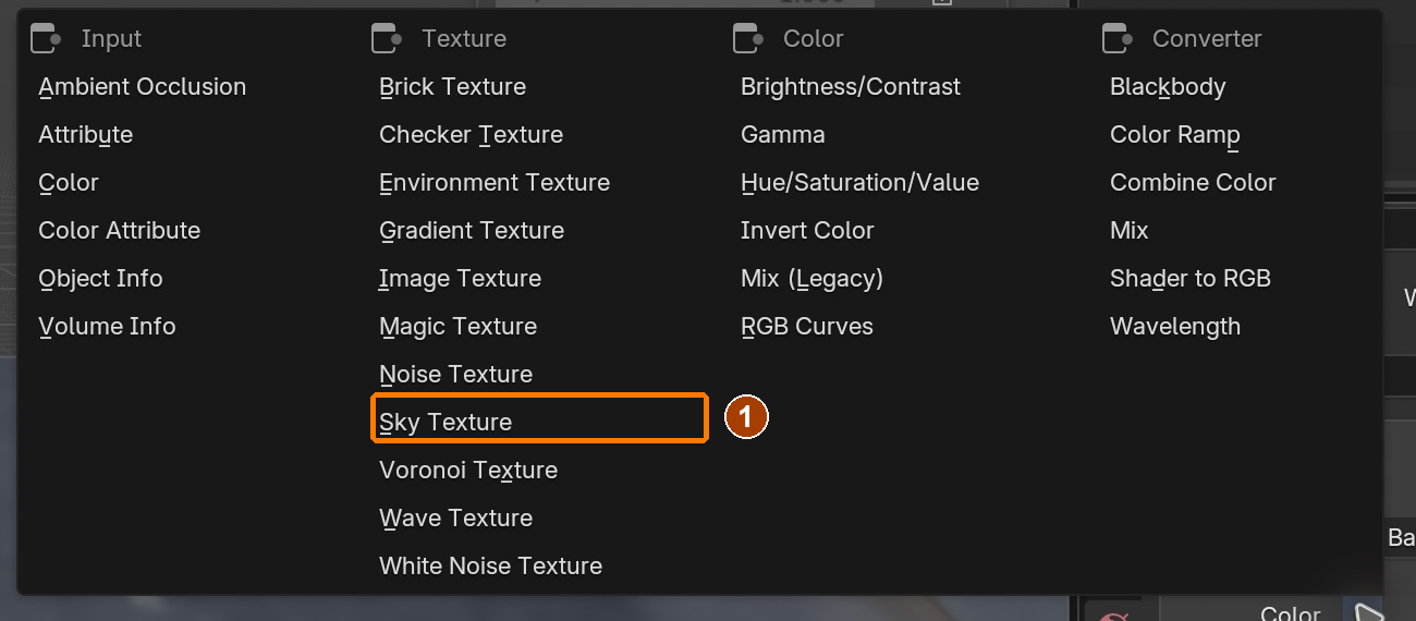Background Color input menu: Sky Texture.