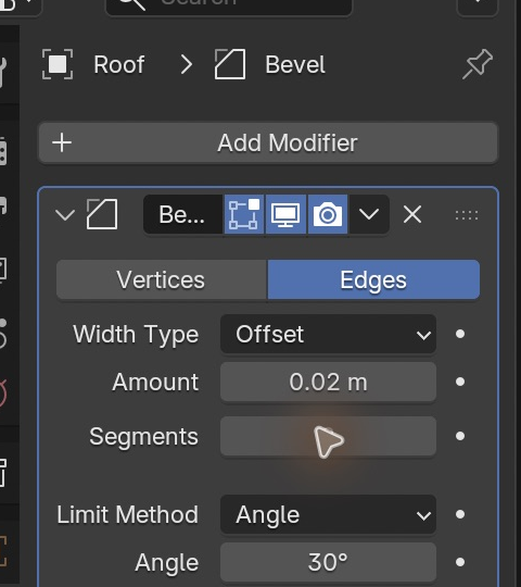 I removed that modifier and added Bevel. Check the modifier name before setting Amount 0.02 m and Segments 2.