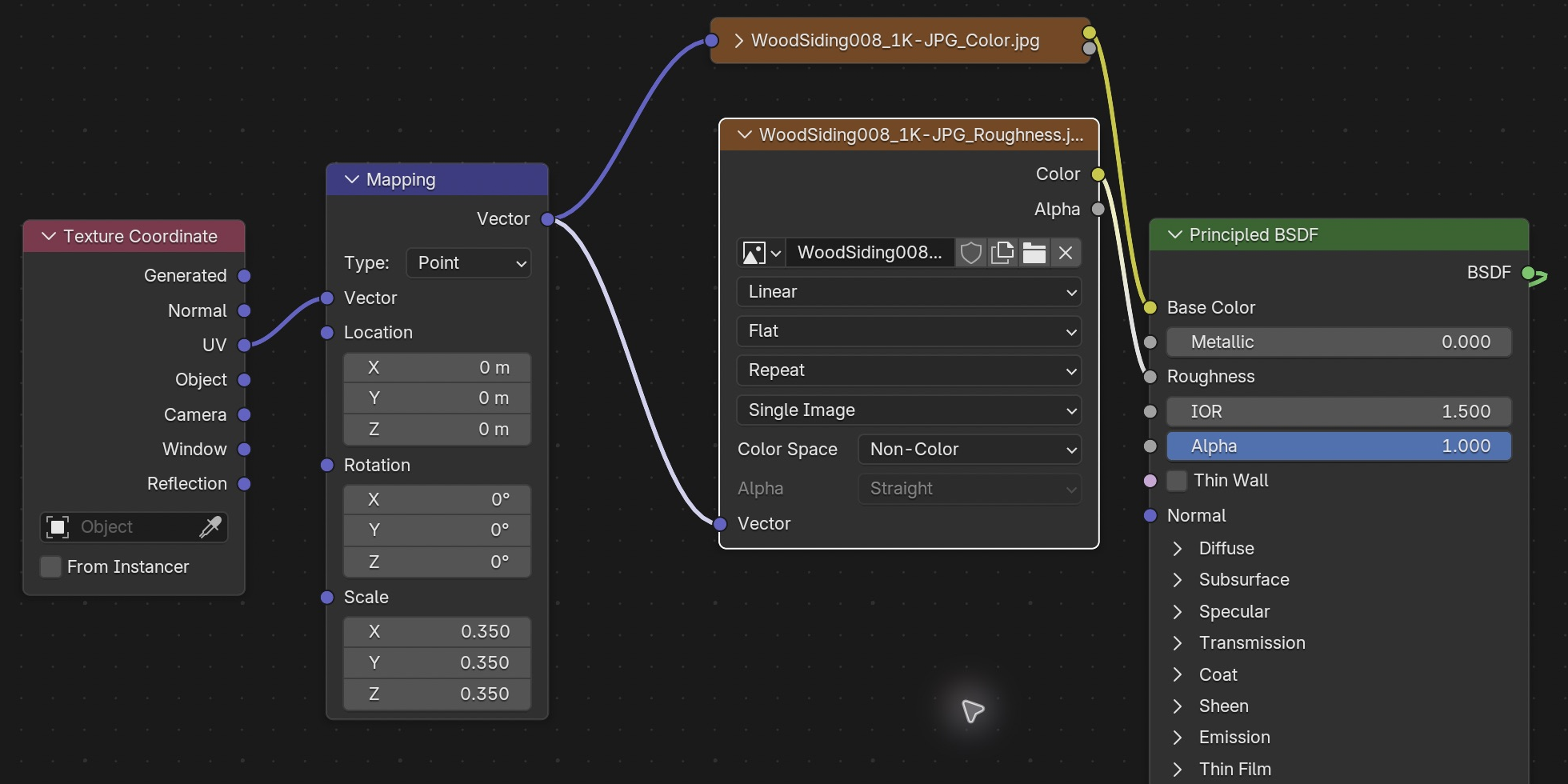 UV feeds Mapping directly; Mapping feeds the texture Vector inputs. The roughness image feeds Principled Roughness.