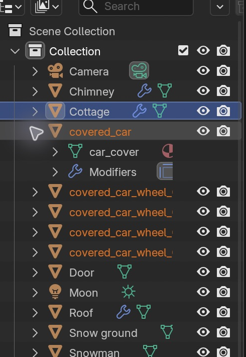 The appended car body and four wheels arrived as separate objects; moving one did not move the assembly.