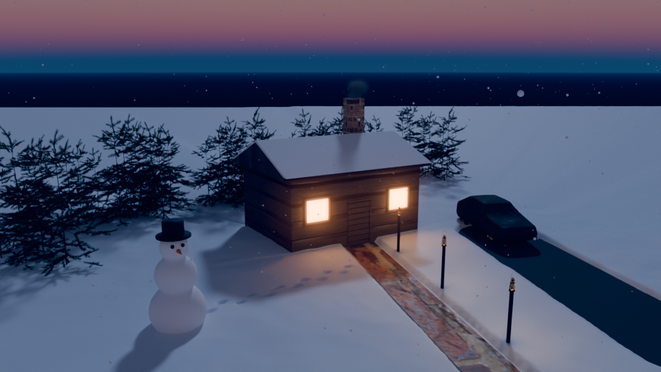 A frame-31 render had a dark band because the 100 m camera Clip End cut off the distant snow.