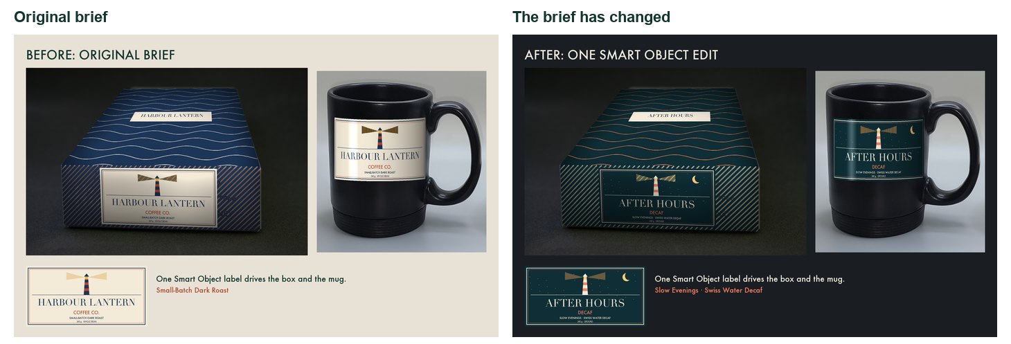 Before and after: one edit inside the LABEL Smart Object changed the box, the mug and the flat label together.