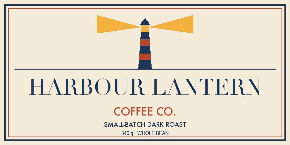 The demo label: name, line and details in three clear sizes, one icon, one inset border, all aligned to the centre.