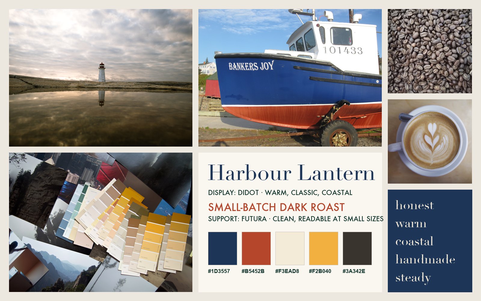 A finished mood board for the demo brand Harbour Lantern Coffee Co.: coastal photos, coffee textures, a type specimen, a palette and five feeling words.