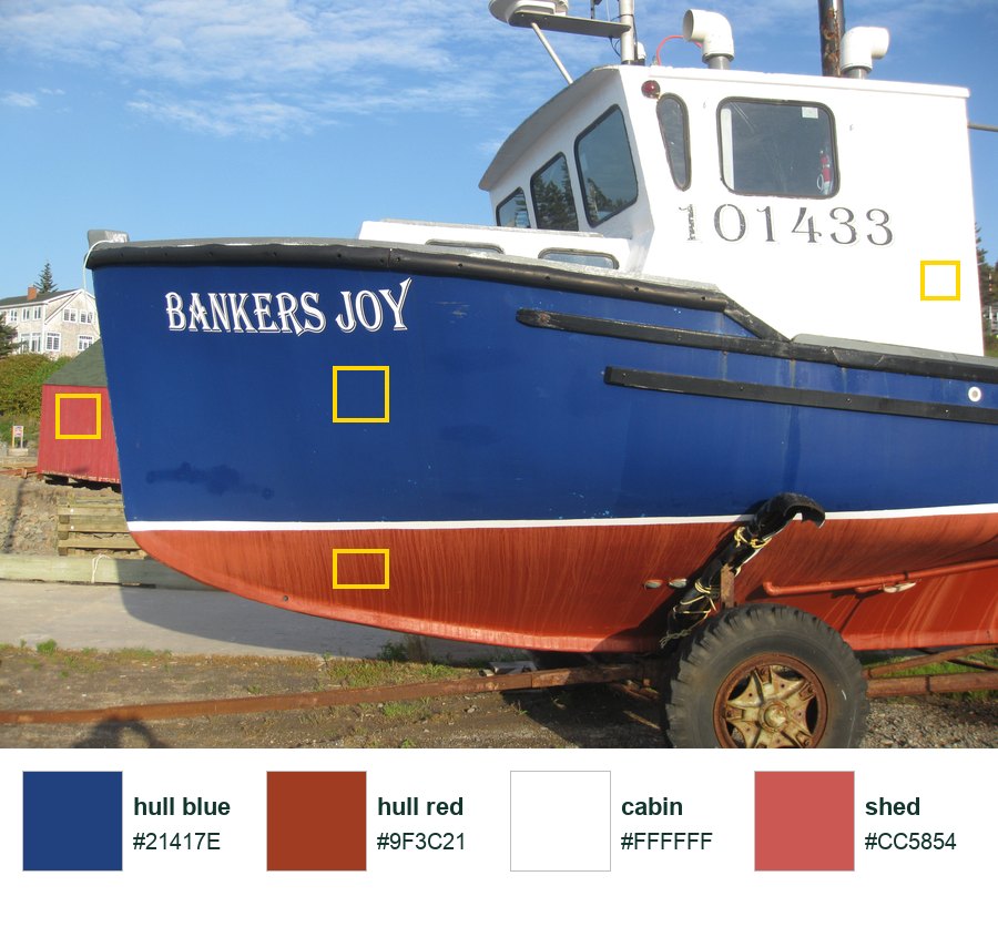 Sampling a palette from a real photo: each yellow box is an Eyedropper sample, averaged over 5 × 5 pixels.