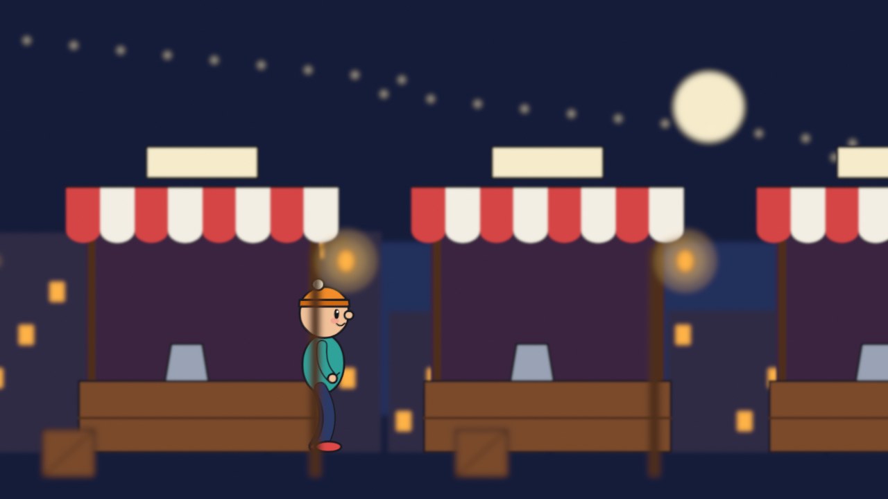 A drawn night market with a cartoon character in focus and blurred lamp posts in the foreground