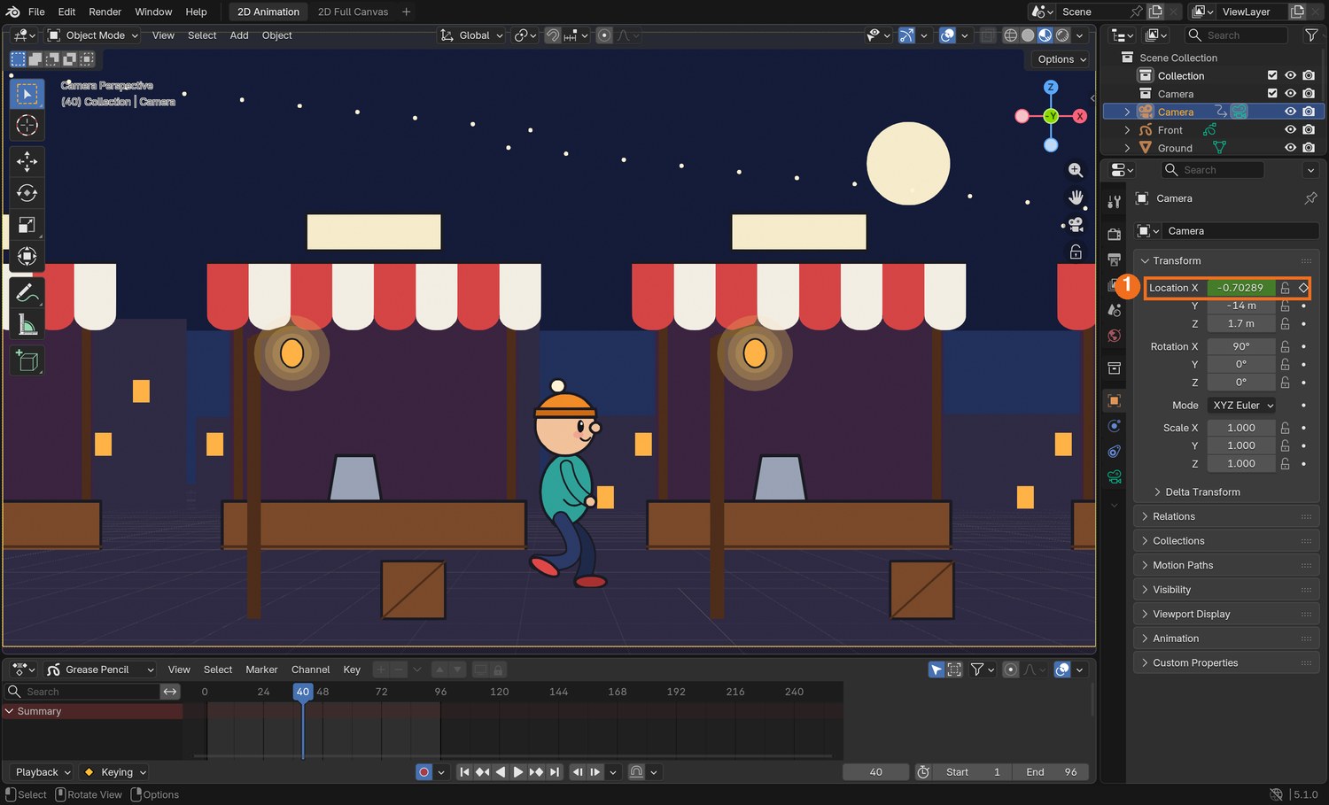 Real screenshot: the demo on frame 40 with the camera selected. Location X (1) is green: the camera is between its two keyframes.