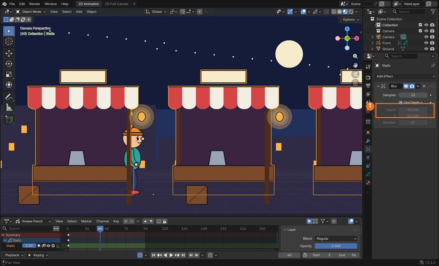 Real screenshot: the stalls selected, Effects tab. A Blur effect with Use Depth of Field ticked (1).