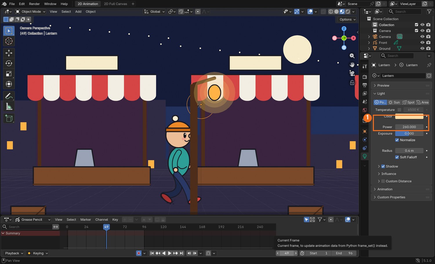 Real screenshot: the point light selected. Its Color and Power (1) are set in the light’s own tab.