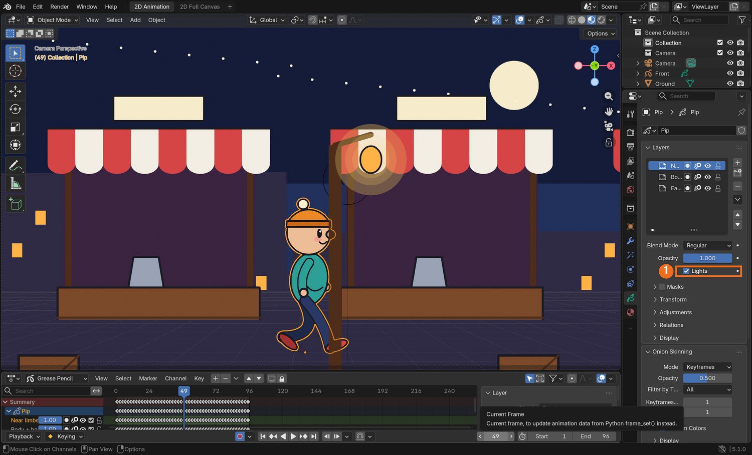 Real screenshot: the character selected, Object Data tab. With a layer chosen in the list, Lights (1) is ticked.