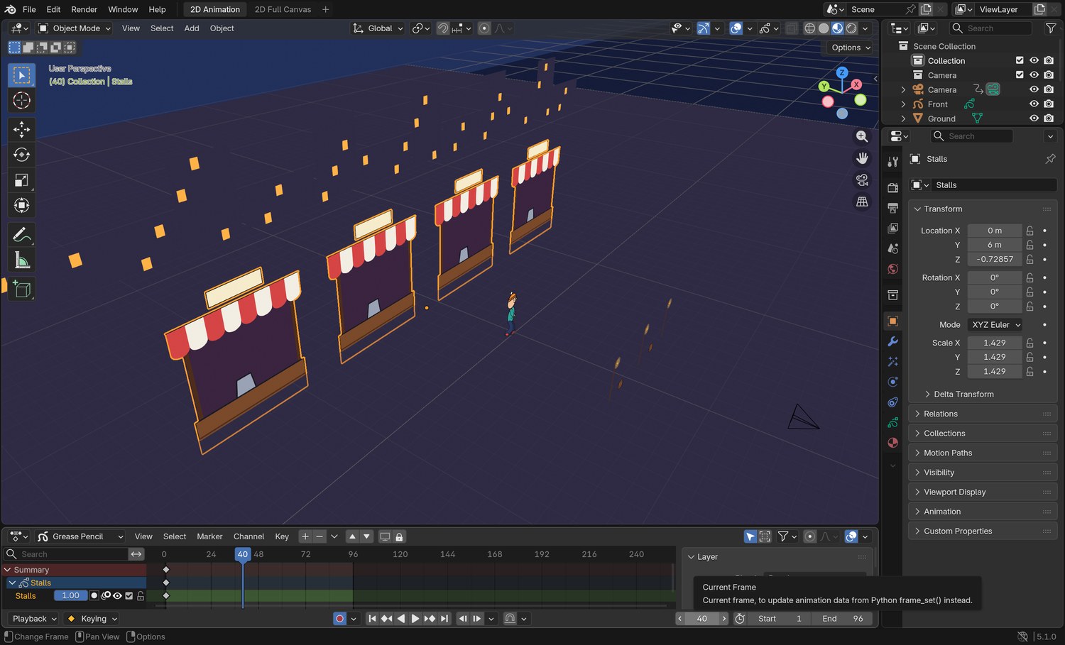Real screenshot: the demo scene seen from outside the camera. The stalls (selected), the character, the lamp posts and the skyline are separate drawings standing at different distances. The camera is the small pyramid at the bottom right.