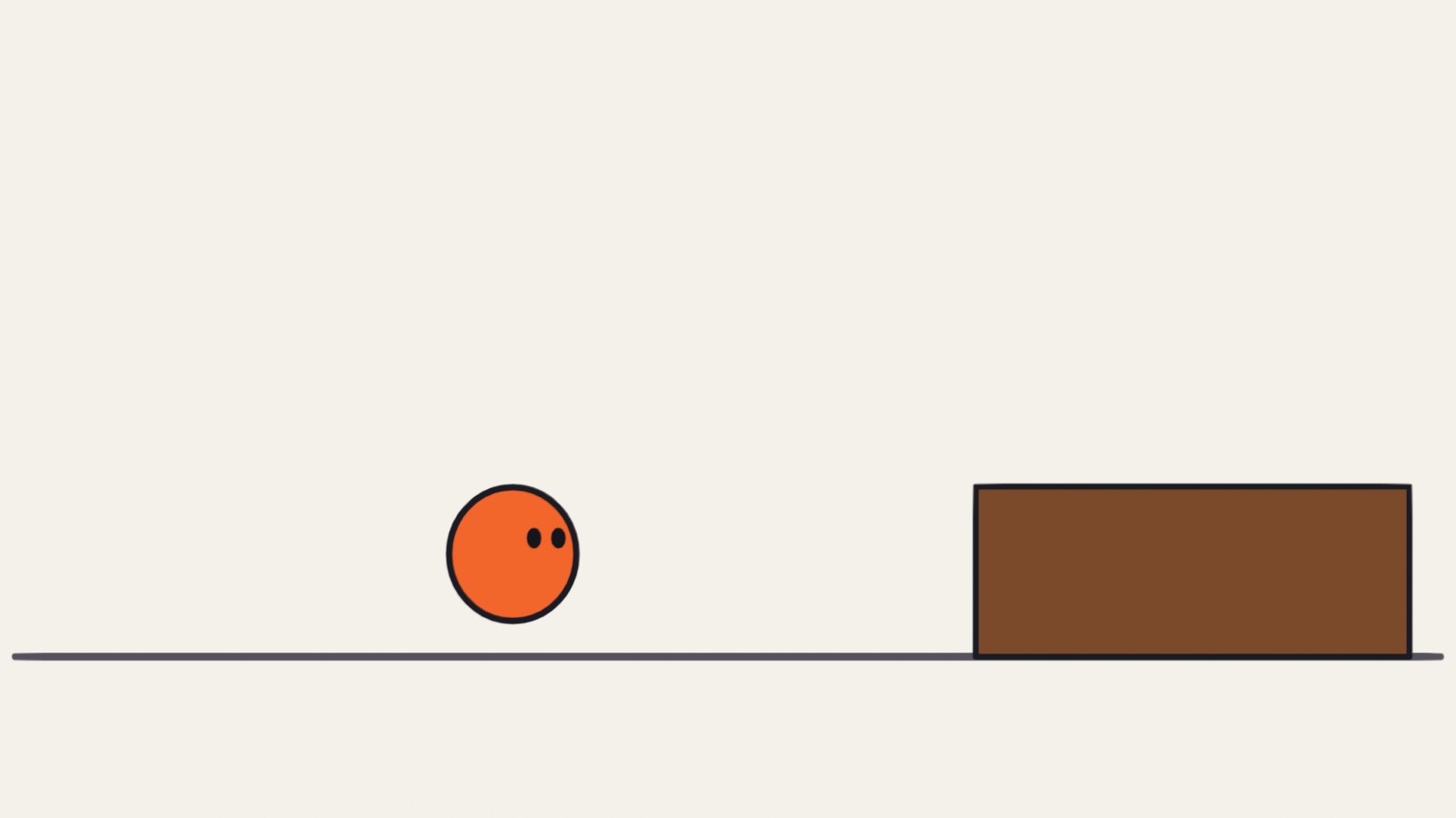 An orange ball character stretched in mid-air, jumping towards a wooden step