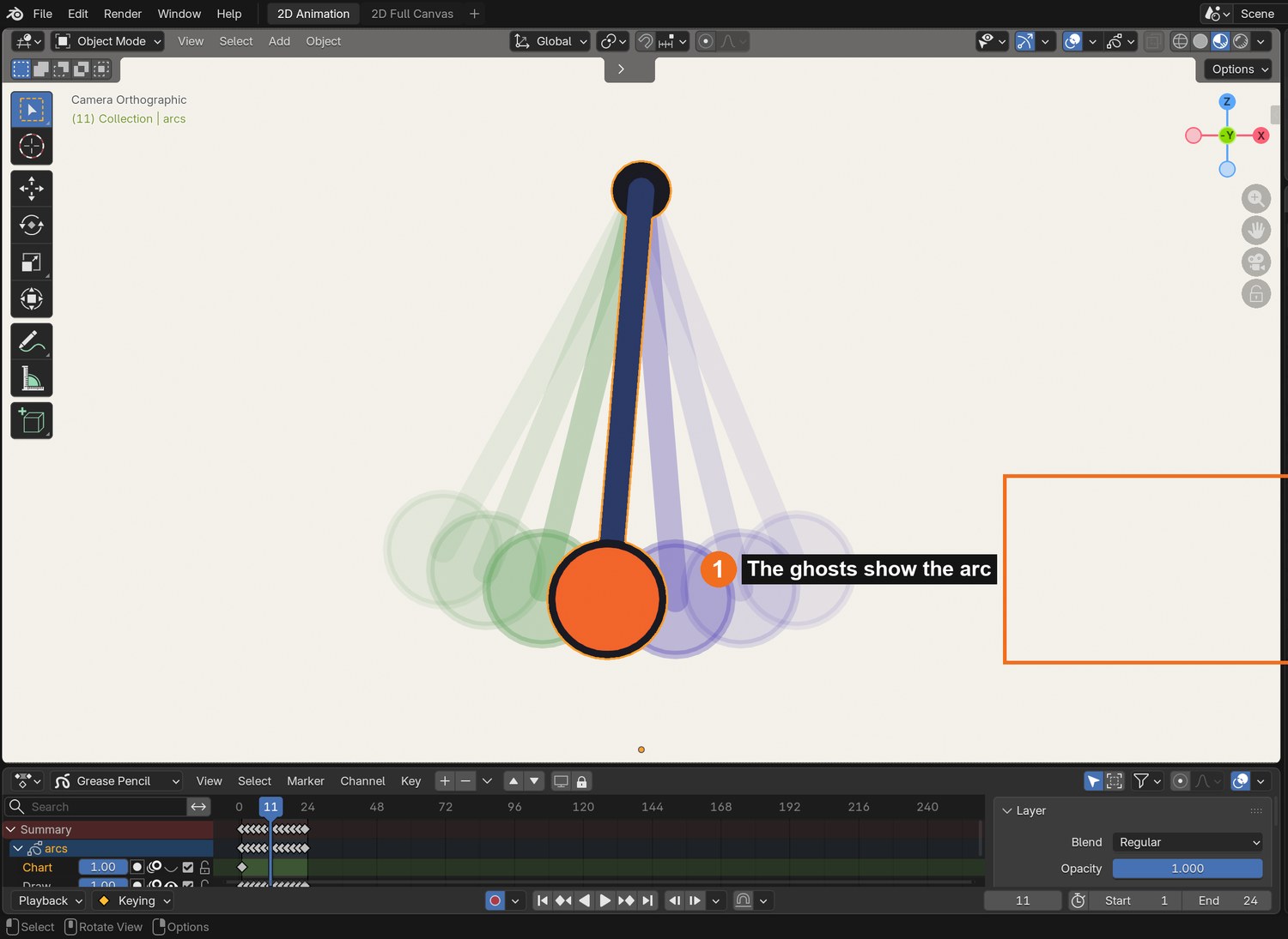 Real screenshot: onion skin on the demo swing. The ghosts trace the arc.