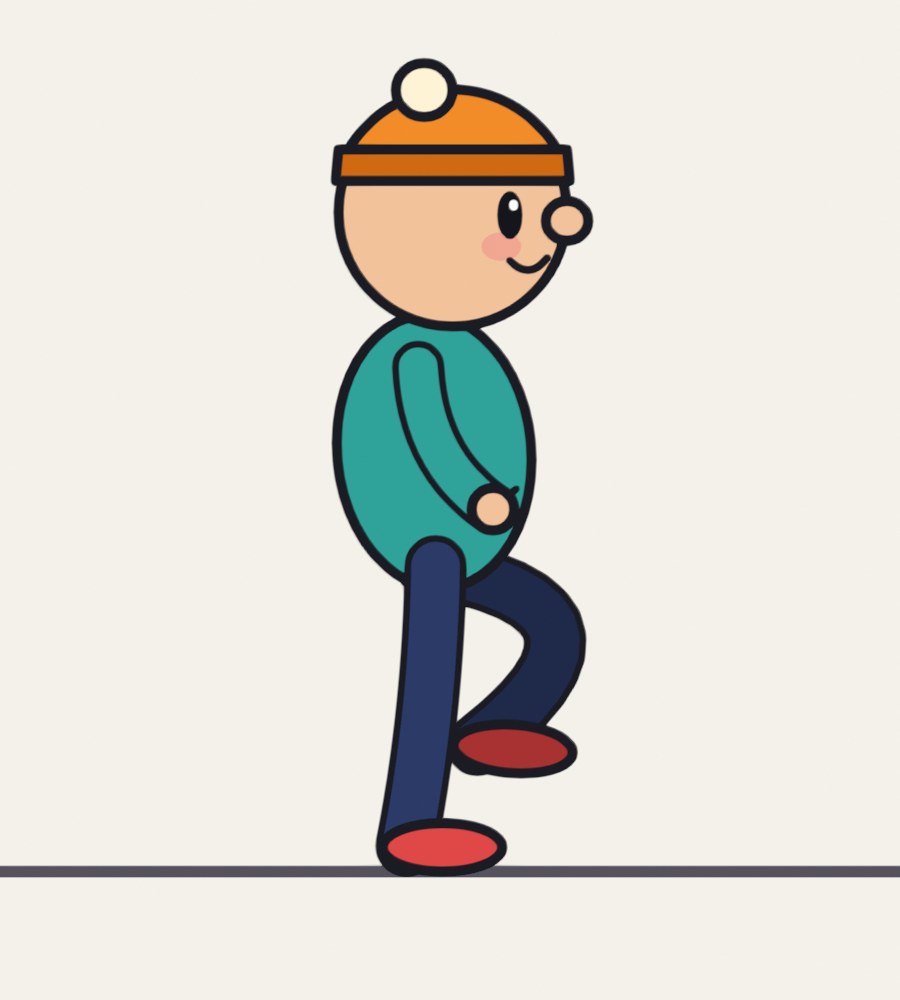 A cartoon character in a teal hoodie and orange hat mid-stride, leaning back with arms swinging