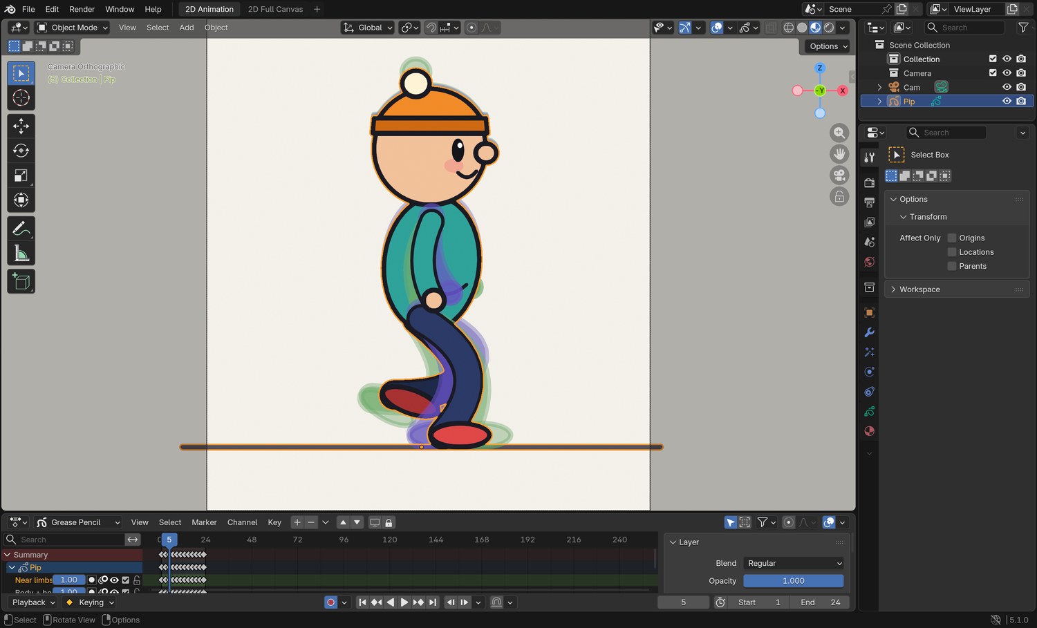 Real screenshot: the demo’s normal walk on frame 5 with onion skin on. The ghosts show the pose before and the pose after. In the Dope Sheet below, one cycle ends at frame 24.