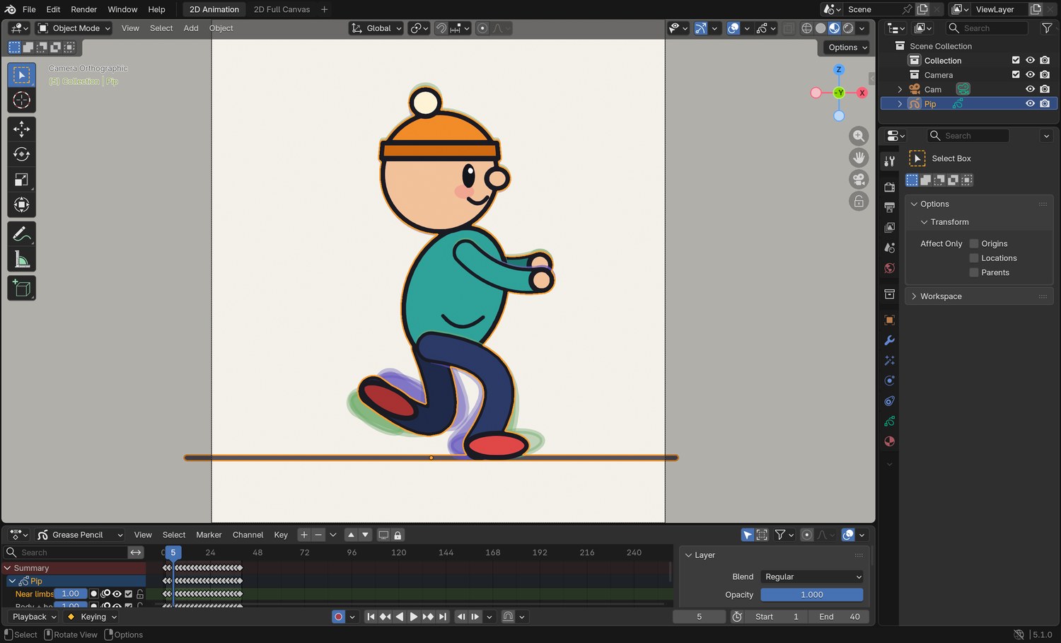 Real screenshot: the demo’s sneak on frame 5. The hips are low, the arms are up, and the cycle is 40 frames long.