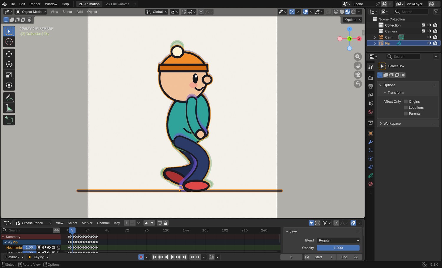 Real screenshot: the demo’s tired walk. Compare the Dope Sheet with the normal walk: the keyframes run to frame 36 and End is 36.