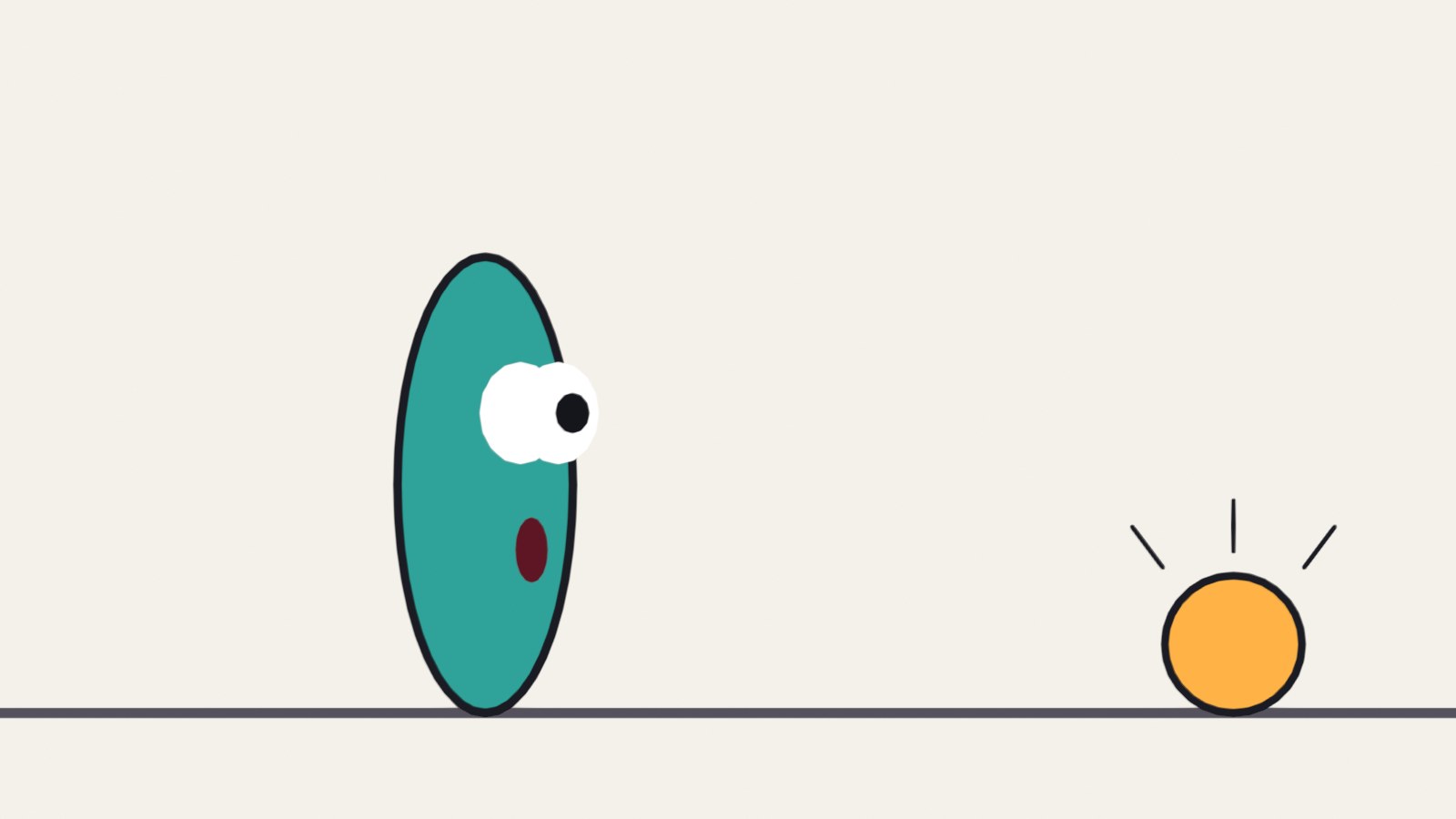 A teal character stretched tall with wide eyes, staring at a glowing orange ball