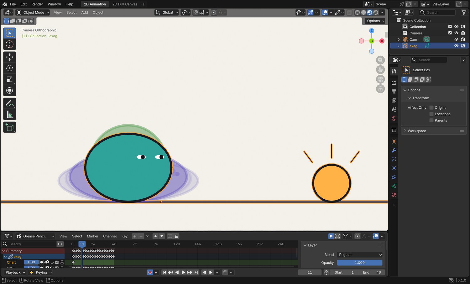 Real screenshot of the demo file on frame 11: the anticipation. The onion skin shows the character sinking before it shoots up.