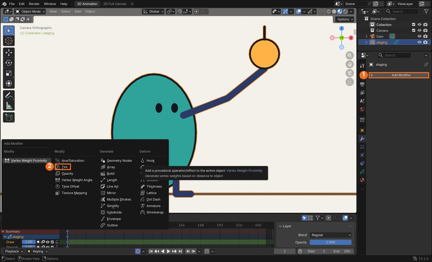 Real screenshot: the Modifiers tab. Click Add Modifier (1); the menu opens; choose Tint (2).